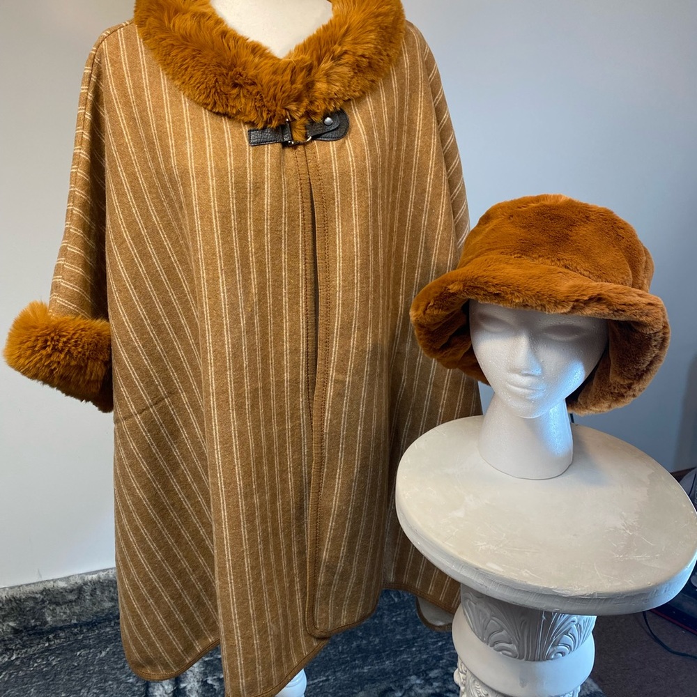 NWT Brown Striped w White Faux Fur Collar Cape, Wrap, Shawl with matching hat.